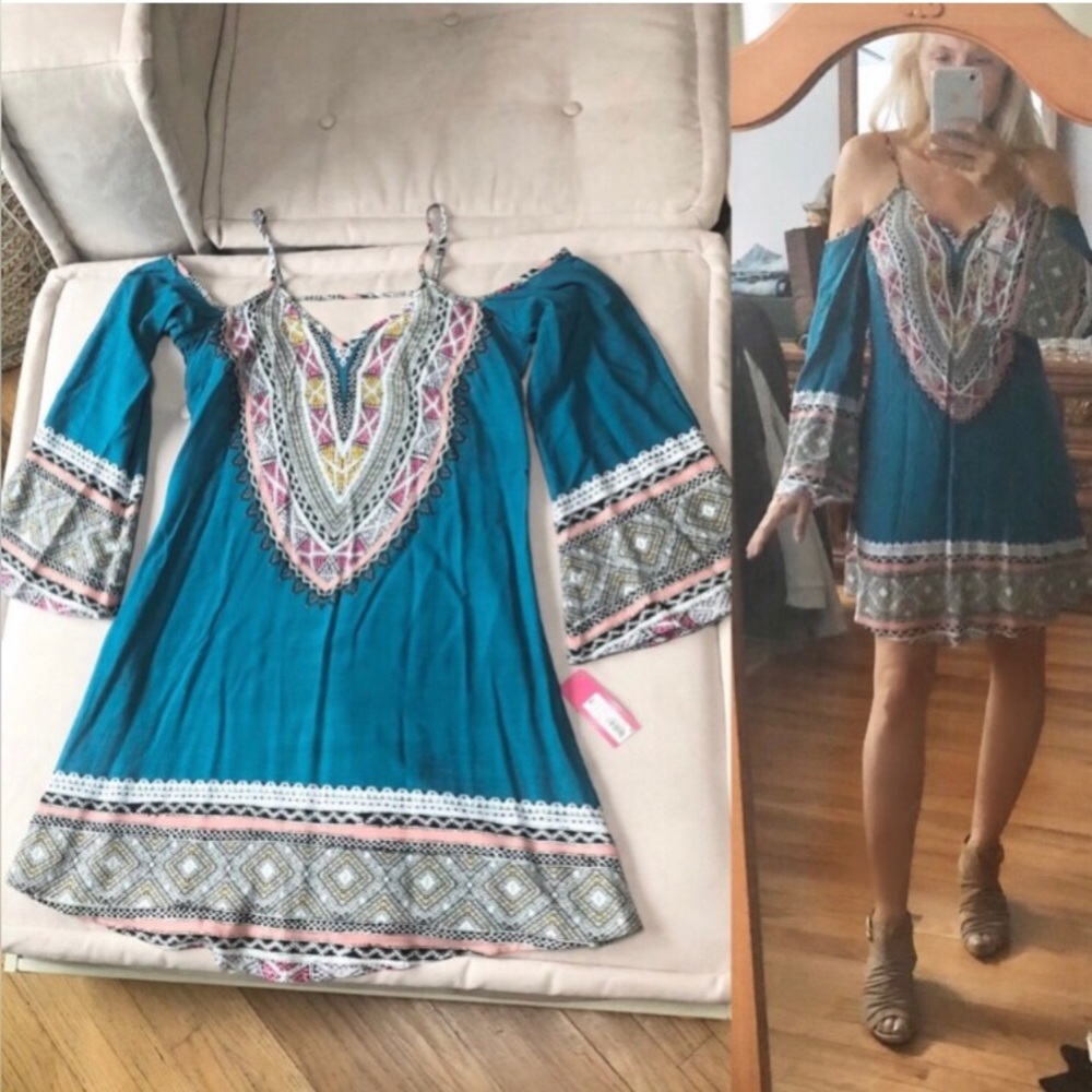 Xhiliration Teal Mosiac Boho Dress